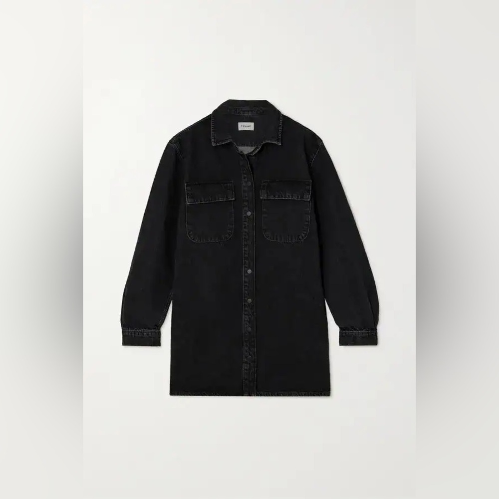 FRAME A-Line Mini Denim Shirt Dress Small Black Button Front Structured Fit